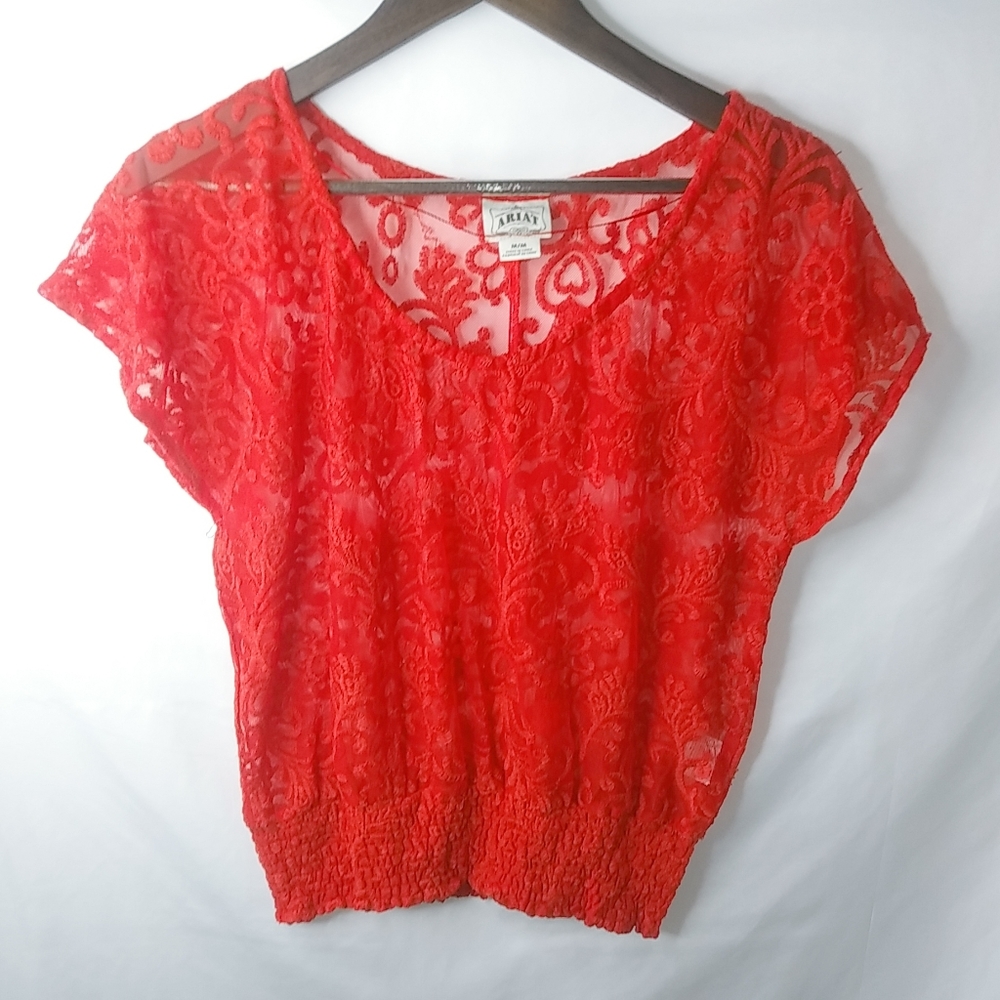 Ariat Medium Red Lace Bubble Hem Top